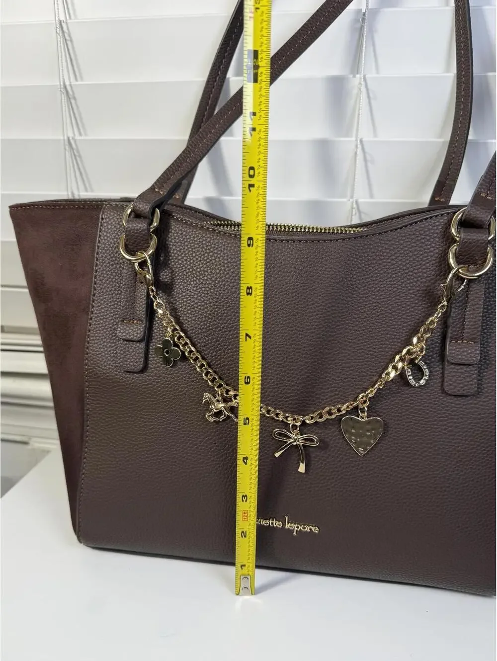 Nanette Lepore Chocolate Brown Pebbled Faux Leather & Suede Tote Bag Charm Chain - Picture 4 of 7
